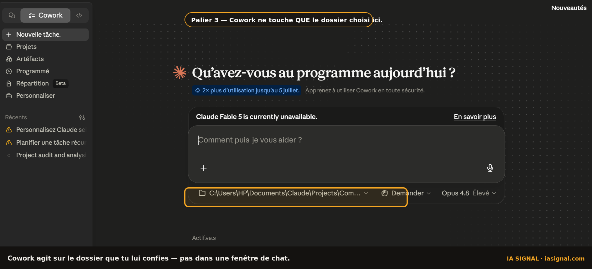 Écran d'accueil de Claude Cowork avec le sélecteur de dossier de travail mis en évidence en bas de la zone de saisie