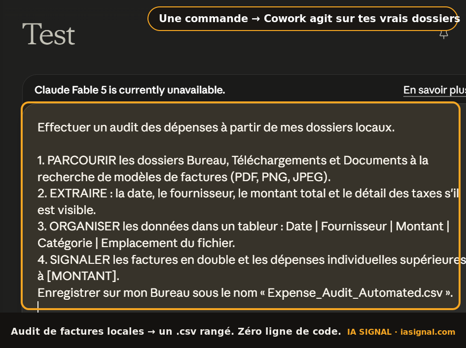 Commande Cowork réelle : un audit de factures qui parcourt les dossiers locaux, extrait date, fournisseur et montant, et enregistre un fichier CSV
