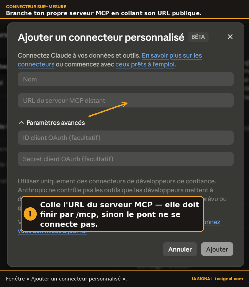Fenêtre « Ajouter un connecteur personnalisé » dans Claude — champ URL du serveur MCP distant et paramètres OAuth facultatifs