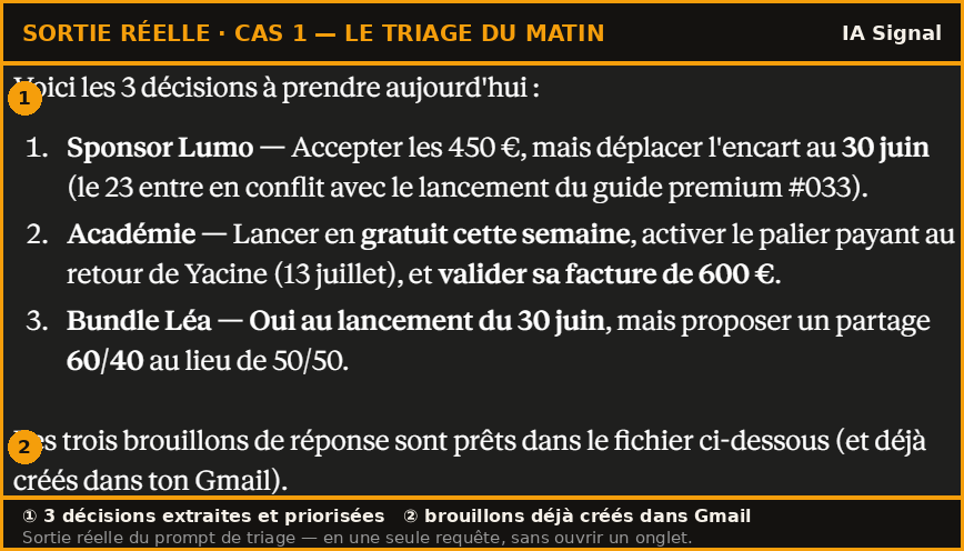 Une requête unique qui croise Granola, Gmail et Slack et ressort 3 décisions plus les brouillons, sans quitter la fenêtre de chat