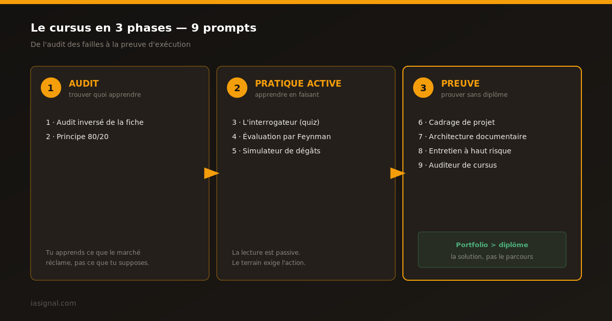 Les 9 prompts répartis en 3 phases : Audit (prompts 1-2), Pratique active (prompts 3-5), Preuve (prompts 6-9)