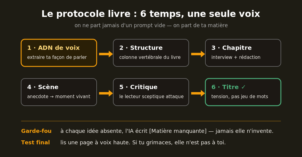 Protocole livre IA : voix, structure, chapitre, scène, critique, titre