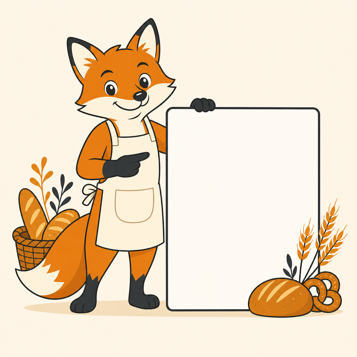 Exemple généré : mascotte renard de boulangerie avec panneau vierge