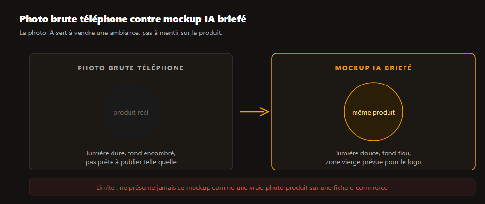 Comparatif photo brute téléphone contre mockup IA briefé