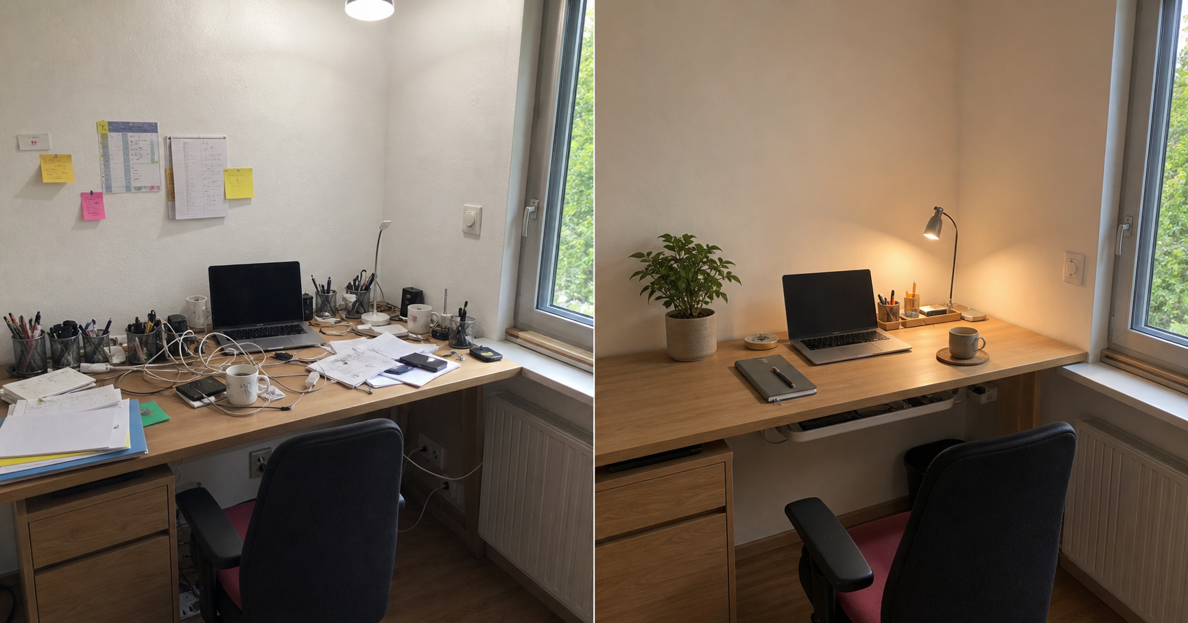 Exemple généré : même bureau encombré puis organisé dans un comparatif avant-après