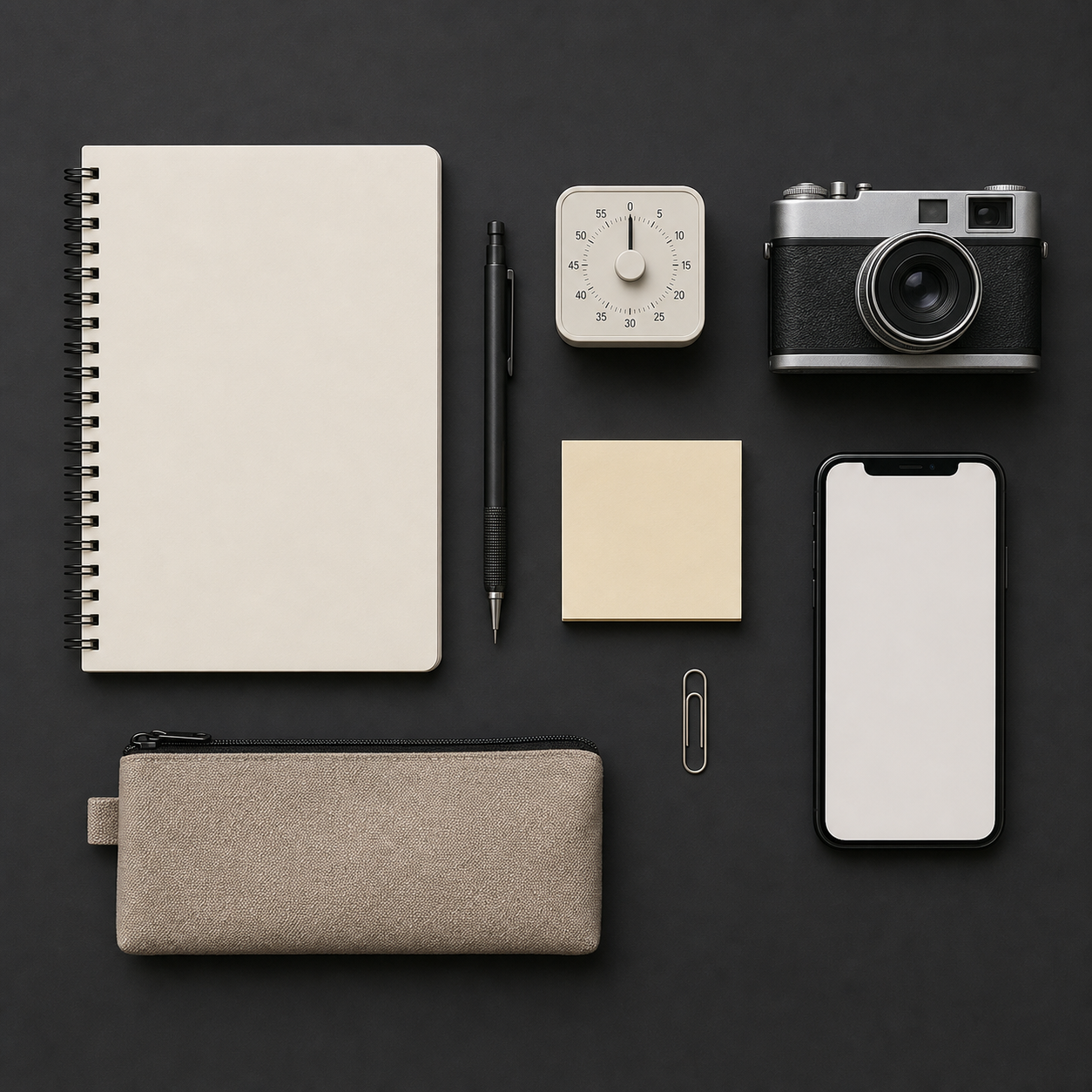 Exemple généré : flat lay d'un kit de stratégie de contenu sur fond sombre