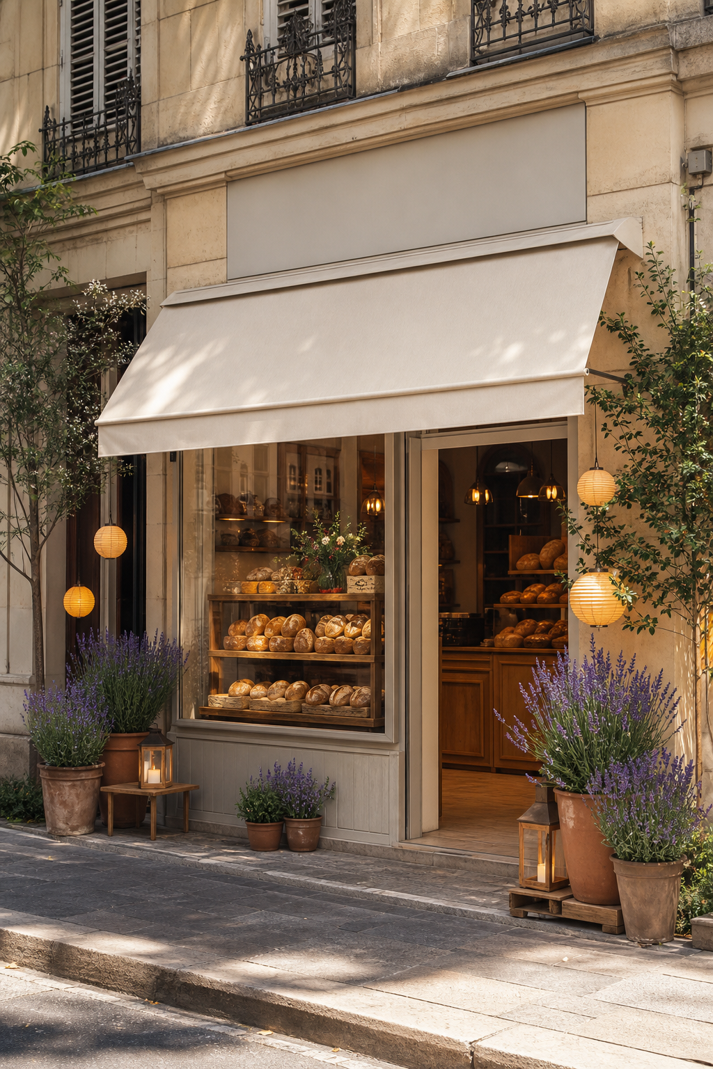 Exemple généré : devanture de boulangerie décorée pour l'été avec enseigne vierge